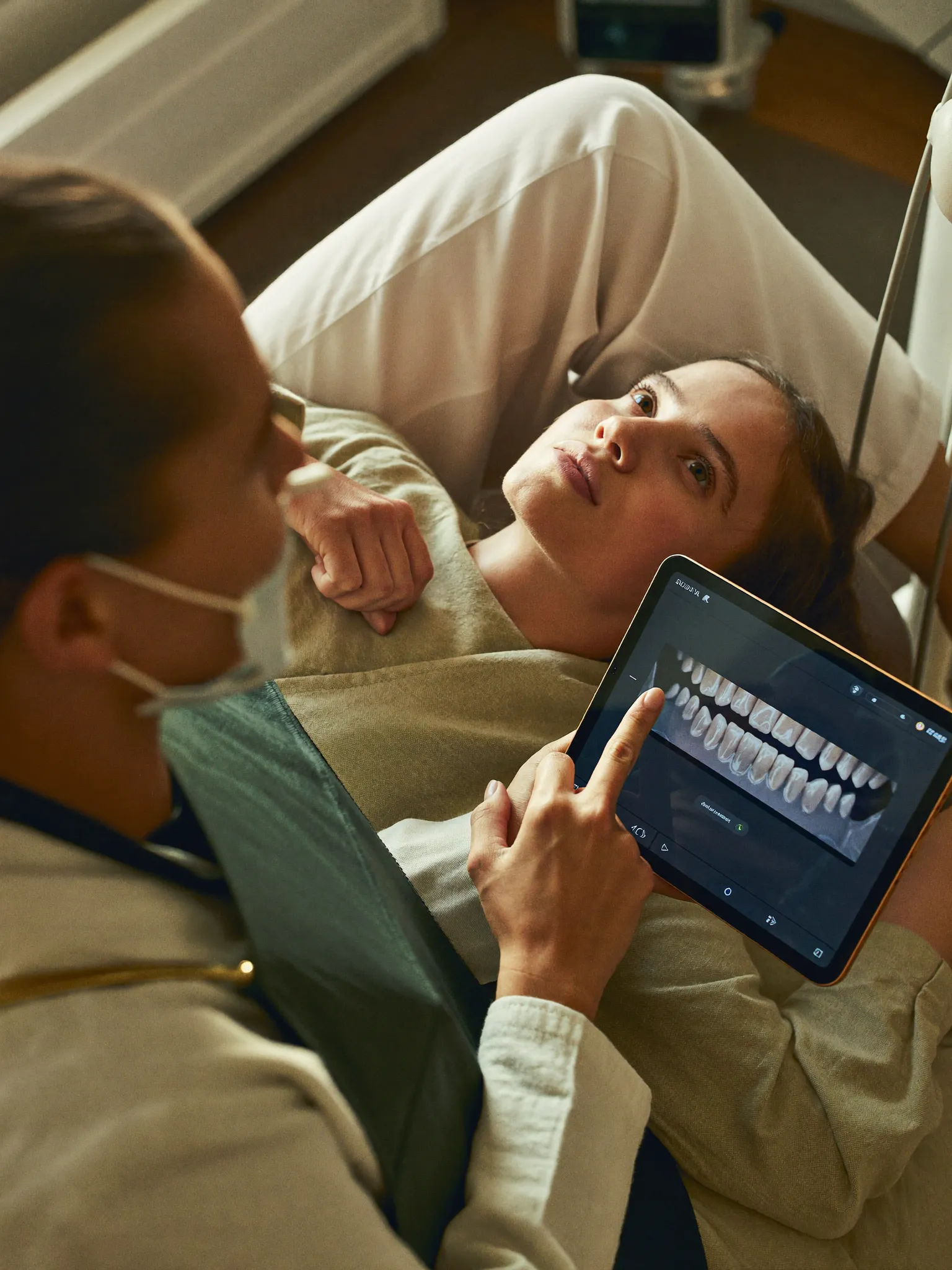 A dentist and patient shoulder to shoulder, holding the same tablet, discussing a dental scan at eye level